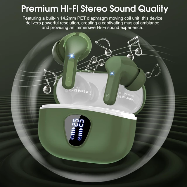 Alt view image 3 of 7 - Wireless Earbuds, Bluetooth 5.4 Headphones HiFi Stereo, Bluetooth Earbuds With ENC Noise Cancelling Mic, IP7 Waterproof in Ear Earphones, 48H, LED Display Ear buds for Pad Workout Sports, Retro Green
