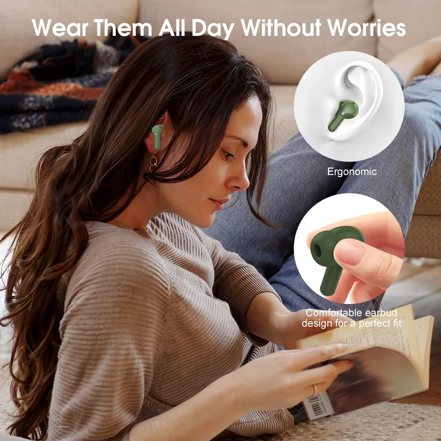 Alt view image 6 of 7 - Wireless Earbuds, Bluetooth 5.4 Headphones HiFi Stereo, Bluetooth Earbuds With ENC Noise Cancelling Mic, IP7 Waterproof in Ear Earphones, 48H, LED Display Ear buds for Pad Workout Sports, Retro Green