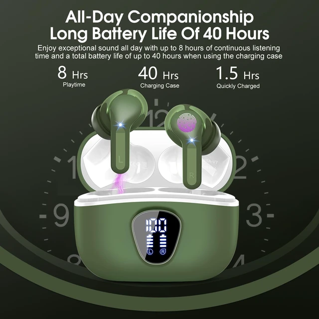 Alt view image 5 of 7 - Wireless Earbuds, Bluetooth 5.4 Headphones HiFi Stereo, Bluetooth Earbuds With ENC Noise Cancelling Mic, IP7 Waterproof in Ear Earphones, 48H, LED Display Ear buds for Pad Workout Sports, Retro Green