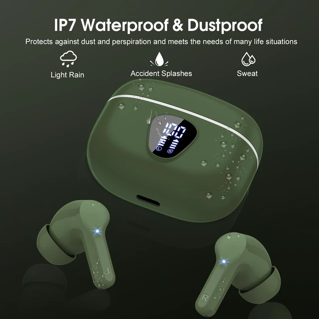 Alt view image 7 of 7 - Wireless Earbuds, Bluetooth 5.4 Headphones HiFi Stereo, Bluetooth Earbuds With ENC Noise Cancelling Mic, IP7 Waterproof in Ear Earphones, 48H, LED Display Ear buds for Pad Workout Sports, Retro Green