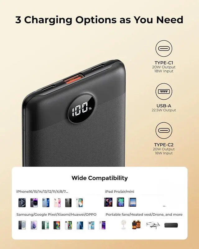 Alt view image 4 of 7 - JAYSUING Small Portable Charger 10000mAh, Mini Power Bank with LED Display, 22.5W PD Fast Charging USB-C Battery Pack, Compact Lightweight Travel Charger Compatible with iPhone Samsung Android, Black