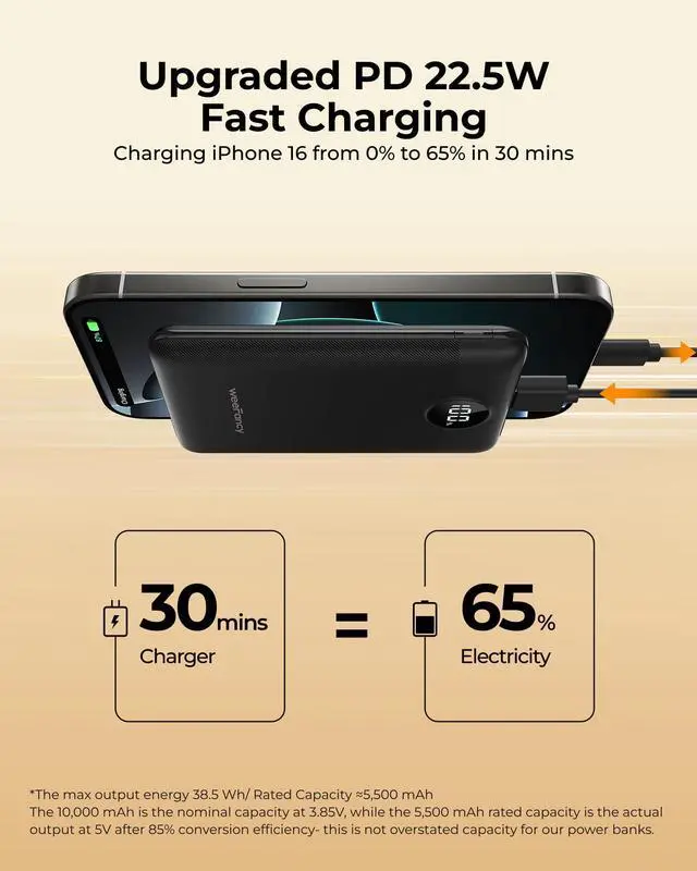 Alt view image 3 of 7 - JAYSUING Small Portable Charger 10000mAh, Mini Power Bank with LED Display, 22.5W PD Fast Charging USB-C Battery Pack, Compact Lightweight Travel Charger Compatible with iPhone Samsung Android, Black