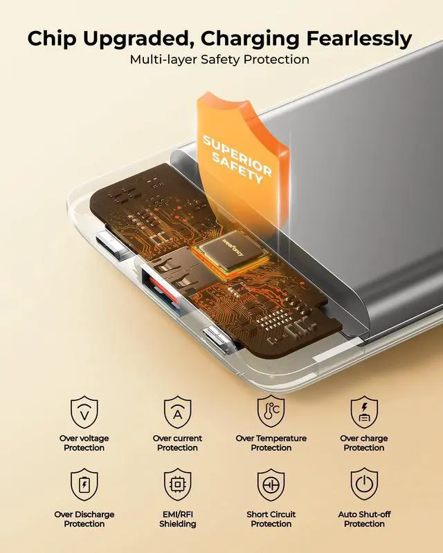 Alt view image 7 of 7 - JAYSUING Small Portable Charger 10000mAh, Mini Power Bank with LED Display, 22.5W PD Fast Charging USB-C Battery Pack, Compact Lightweight Travel Charger Compatible with iPhone Samsung Android, Black