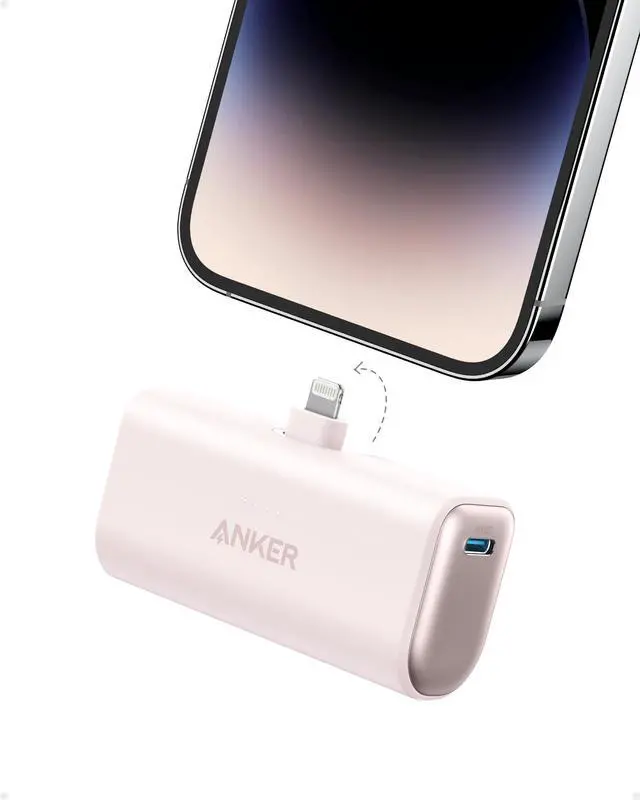 Main image of JAYSUING Nano Portable Charger for iPhone, with Built-in MFi Certified Lightning Connector, Power Bank 5,000mAh 12W, Compatible with iPhone 14/13/12 Series (Pink)