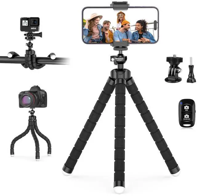 Main image of Flexible Mini Phone Tripod, Portable and Adjustable Camera Stand Holder with Wireless Remote and Universal Clip, Compatible with Cellphones, Sports Cameras