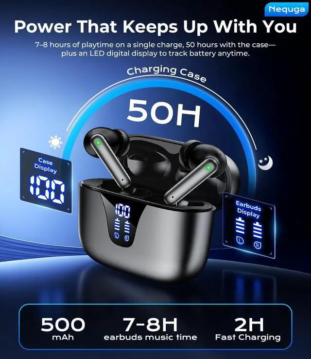 Alt view image 2 of 7 - Wireless Earbuds, 50H Playtime Bluetooth Headphones, LED Display Case