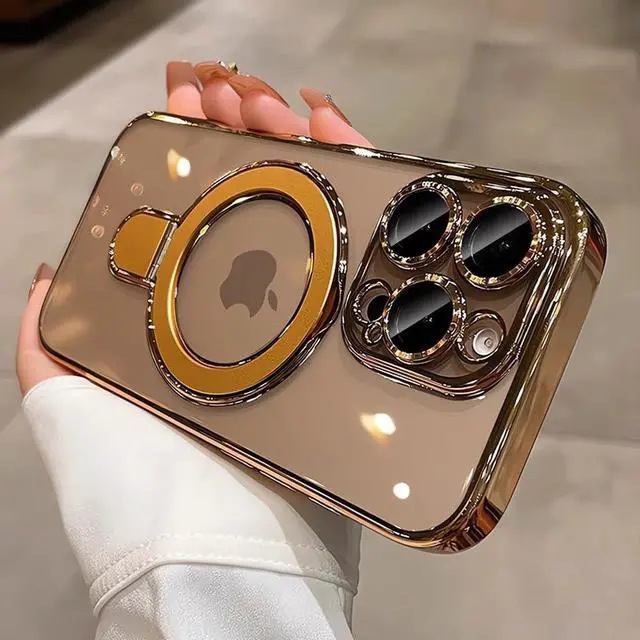 Alt view image 2 of 7 - JAYSUING Magnetic Ring Case for iPhone 16 Pro Max Case Kickstand Compatible with MagSafe Built-in Camera Lens Protector Shockproof Phone Case for iPhone 16 ProMax 6.9" - Clear Gold