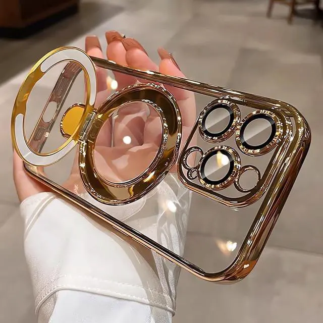 Alt view image 3 of 7 - JAYSUING Magnetic Ring Case for iPhone 16 Pro Max Case Kickstand Compatible with MagSafe Built-in Camera Lens Protector Shockproof Phone Case for iPhone 16 ProMax 6.9" - Clear Gold