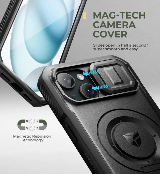 Alt view image 4 of 7 - JAYSUING for iPhone 15 Case with Slide Camera Cover & Adjustable Kickstand & Built-in Screen Protector, Magnetic Rugged Shockproof Bumper Cases Heavy-Duty Magnetic Protective Cover,Black