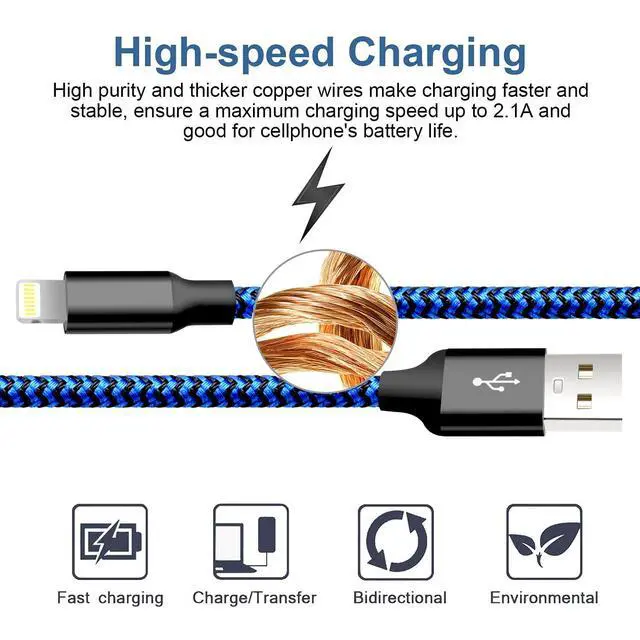 Alt view image 3 of 7 - JAYSUING iPhone Charger, 5 Pack 3/3/6/6/10FT Apple MFi Certified USB Lightning Cable Nylon Braided Fast Charging Cord Compatible for iPhone 14/13/12/11/X/Max/8/7/6/5/SE/Plus/iPad - Black Blue