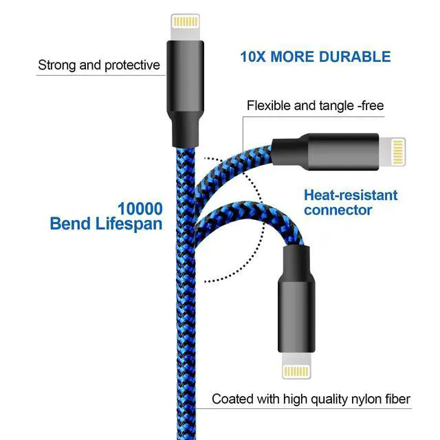 Alt view image 4 of 7 - JAYSUING iPhone Charger, 5 Pack 3/3/6/6/10FT Apple MFi Certified USB Lightning Cable Nylon Braided Fast Charging Cord Compatible for iPhone 14/13/12/11/X/Max/8/7/6/5/SE/Plus/iPad - Black Blue