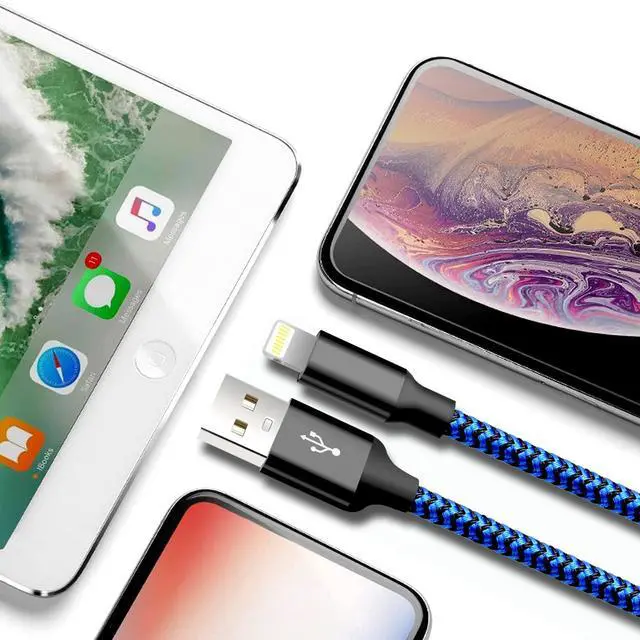 Alt view image 6 of 7 - JAYSUING iPhone Charger, 5 Pack 3/3/6/6/10FT Apple MFi Certified USB Lightning Cable Nylon Braided Fast Charging Cord Compatible for iPhone 14/13/12/11/X/Max/8/7/6/5/SE/Plus/iPad - Black Blue