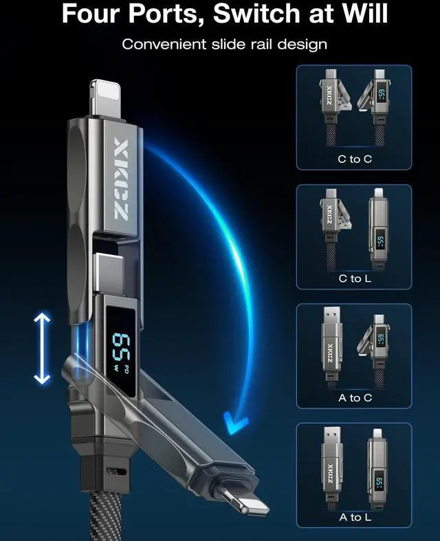Alt view image 2 of 6 - JAYSUING 4 in 1 USB C Cable with Wattage Display, 65W Flat Nylon Braided Multi Charge Cable with Data Sync, USB C Charging Cord Combo Type C/USB A/L Port for iPhone/iPad/Samsung/Laptop, 5FT