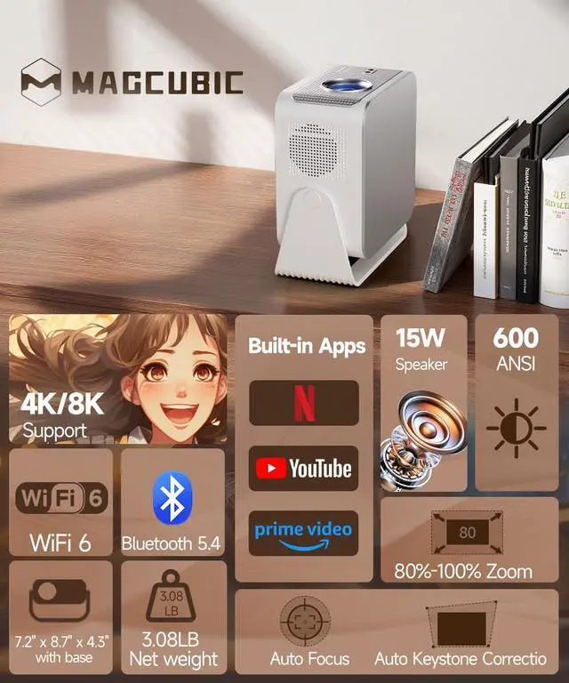 Alt view image 2 of 7 - Smart Projector with 4K 8K Support, Mini Projector with Wifi6 and Bluetooth5.4, 600 ANSI, Auto Focus & Obstacle Avoidance 1080P Portable Movie Proyector for Home Outdoor, JAYSUING HY350Max