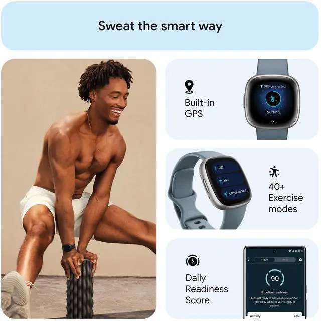 Alt view image 2 of 7 - JAYSUING Versa 4 Fitness Smartwatch with Daily Readiness, GPS, 24/7 Heart Rate, 40+ Exercise Modes, Sleep Tracking and more, Waterfall Blue/Platinum, One Size (S & L Bands Included)