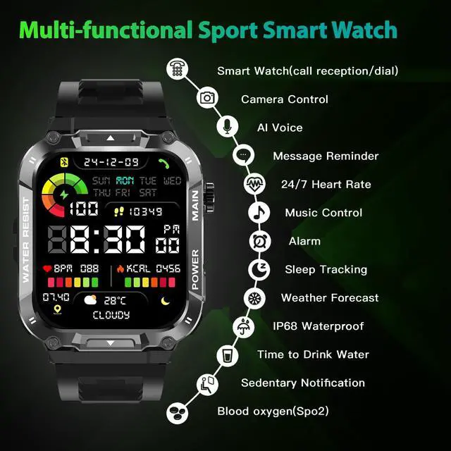 Alt view image 2 of 7 - Military Smart Watch for Men with Call Function,Fitness Smartwatch for Android Phones and iPhone,Waterproof Fitness Tracker with Blood Oxygen/Heart Rate/Sleep/100+ Sport Modes, Watches for Men