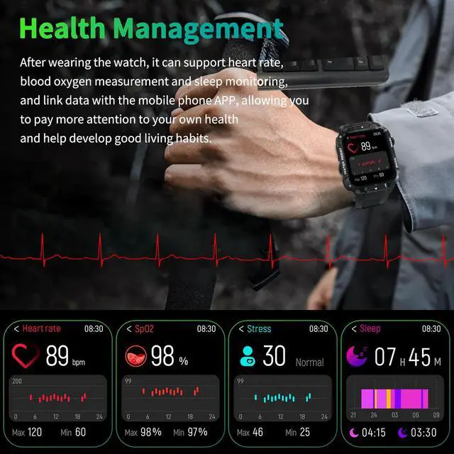 Alt view image 4 of 7 - Military Smart Watch for Men with Call Function,Fitness Smartwatch for Android Phones and iPhone,Waterproof Fitness Tracker with Blood Oxygen/Heart Rate/Sleep/100+ Sport Modes, Watches for Men