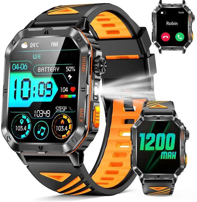 Main image of JAYSUING Military Smarty Watch for Men, 2.01" Smartwatch with 1200mAh Battery, Flashlight, Answer/Make Calls, Heart Rate/Sleep Monitor 100+ Sport Modes Fitness Tracker for Android/iPhone