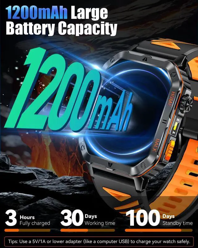 Alt view image 2 of 7 - JAYSUING Military Smarty Watch for Men, 2.01" Smartwatch with 1200mAh Battery, Flashlight, Answer/Make Calls, Heart Rate/Sleep Monitor 100+ Sport Modes Fitness Tracker for Android/iPhone