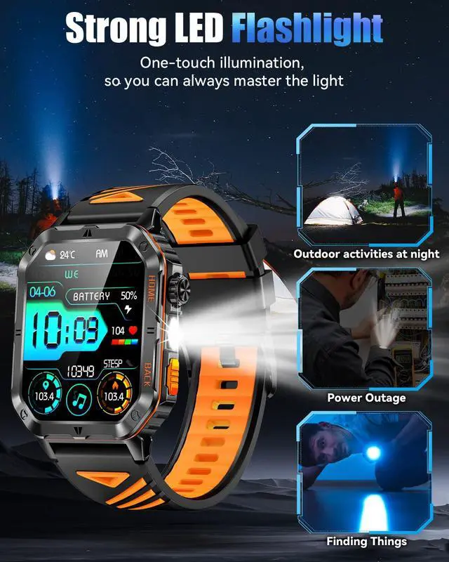 Alt view image 3 of 7 - JAYSUING Military Smarty Watch for Men, 2.01" Smartwatch with 1200mAh Battery, Flashlight, Answer/Make Calls, Heart Rate/Sleep Monitor 100+ Sport Modes Fitness Tracker for Android/iPhone
