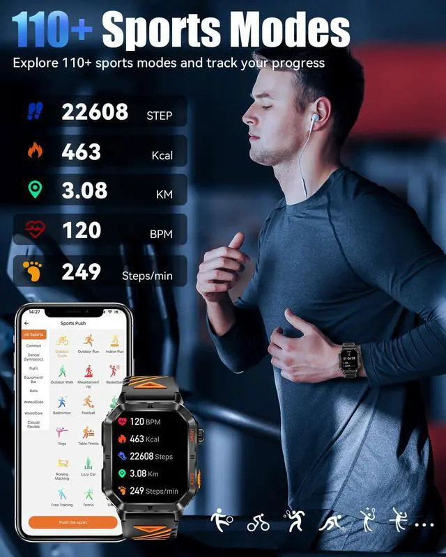 Alt view image 5 of 7 - JAYSUING Military Smarty Watch for Men, 2.01" Smartwatch with 1200mAh Battery, Flashlight, Answer/Make Calls, Heart Rate/Sleep Monitor 100+ Sport Modes Fitness Tracker for Android/iPhone