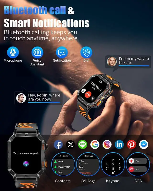 Alt view image 6 of 7 - JAYSUING Military Smarty Watch for Men, 2.01" Smartwatch with 1200mAh Battery, Flashlight, Answer/Make Calls, Heart Rate/Sleep Monitor 100+ Sport Modes Fitness Tracker for Android/iPhone