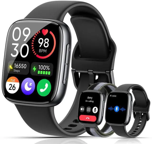 Main image of JAYSUING Smart Watches for Women Men, 1.85" HD AMOLED Display, 2 Bands Included, Works with iPhone & Android, 12-Day Battery, 3ATM Waterproof, Bluetooth Call, Health & Fitness Tracker, Black