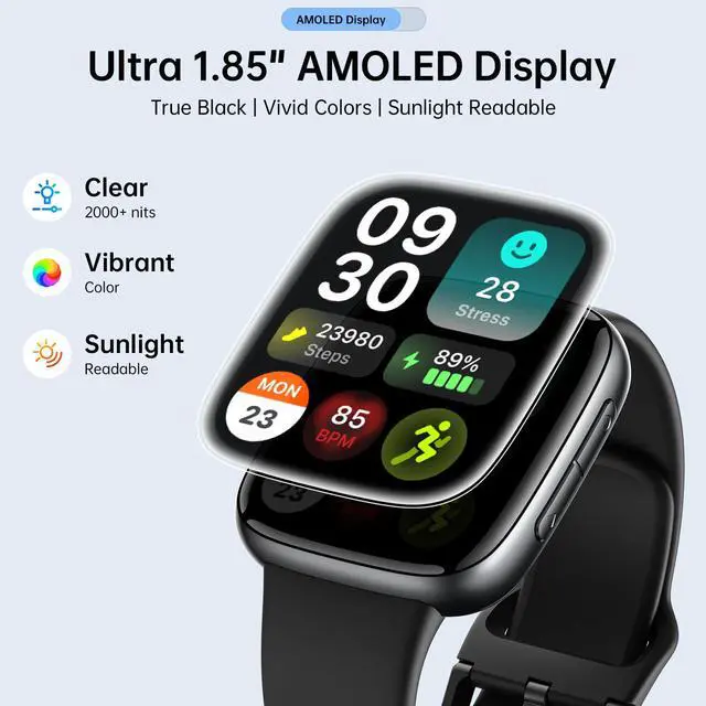 Alt view image 2 of 7 - JAYSUING Smart Watches for Women Men, 1.85" HD AMOLED Display, 2 Bands Included, Works with iPhone & Android, 12-Day Battery, 3ATM Waterproof, Bluetooth Call, Health & Fitness Tracker, Black