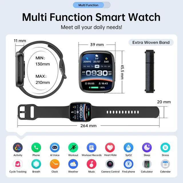 Alt view image 3 of 7 - JAYSUING Smart Watches for Women Men, 1.85" HD AMOLED Display, 2 Bands Included, Works with iPhone & Android, 12-Day Battery, 3ATM Waterproof, Bluetooth Call, Health & Fitness Tracker, Black