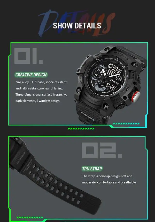 Alt view image 7 of 7 - JAYSUING Men's Watches Multi Function Military S-Shock Sports Watch LED Digital Waterproof Alarm Watches