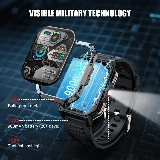 Alt view image 2 of 7 - Military Tactical Smart Watches for Men, 100-Day Battery Rugged Fitness Watch with Compass & Flashlight, Sports Watch for Android with 2.01" HD Display AI Voice, IP68 Waterproof Smartwatch (Black)