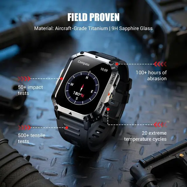 Alt view image 4 of 7 - Military Tactical Smart Watches for Men, 100-Day Battery Rugged Fitness Watch with Compass & Flashlight, Sports Watch for Android with 2.01" HD Display AI Voice, IP68 Waterproof Smartwatch (Black)