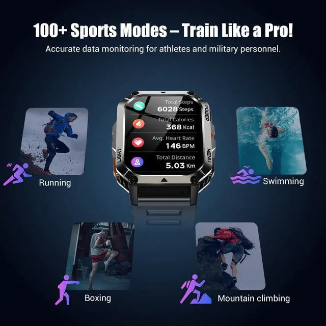 Alt view image 6 of 7 - Military Tactical Smart Watches for Men, 100-Day Battery Rugged Fitness Watch with Compass & Flashlight, Sports Watch for Android with 2.01" HD Display AI Voice, IP68 Waterproof Smartwatch (Black)