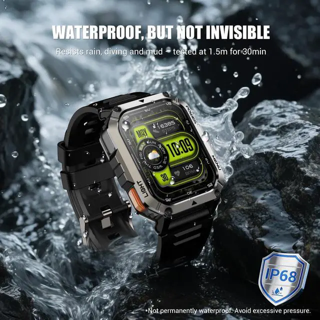 Alt view image 7 of 7 - Military Tactical Smart Watches for Men, 100-Day Battery Rugged Fitness Watch with Compass & Flashlight, Sports Watch for Android with 2.01" HD Display AI Voice, IP68 Waterproof Smartwatch (Black)