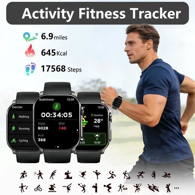 Alt view image 4 of 7 - Smart Watch for Men, 2.01" AMOLED Curved Display Fitness Tracker with Answer/Make Calls, 100+ Sport Modes, Fitness Watch with 24/7 Heart Rate/Sleep Monitor/Pedometer, IP68 Waterproof, for Android iOS