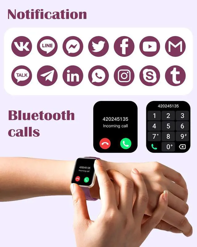 Alt view image 2 of 7 - JAYSUING Smart Watches for Women Men (Answer/Make Calls) Compatible with iPhone/Android Phones, 1.85" HD Screen Fitness Tracker Heart Rate Monitor 100+ Sports Tracker Watch Waterproof (Purple)