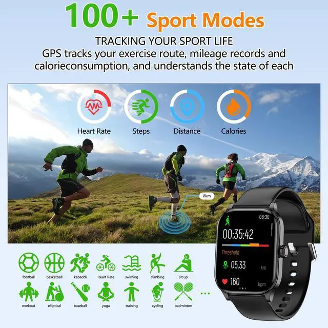 Alt view image 7 of 7 - Smart Watch for Women Men with Text and Call, 2026 New AI Smartwatches with Heart Rate/SpO2/Sleep/Stress Monitor, 100+ Sports Modes, GPS Fitness Watches Compatible with iOS/Android (Map, Black)