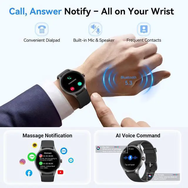 Alt view image 3 of 7 - Smart Watches for Men/Women (2 Bands), 1.27 Round Smartwatch Fitness Tracker with Bluetooth Calls (Make/Answer), Heart Rate/SpO2/Sleep Monitor, 12 Days Battery, IP68 Waterproof