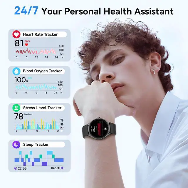 Alt view image 5 of 7 - Smart Watches for Men/Women (2 Bands), 1.27 Round Smartwatch Fitness Tracker with Bluetooth Calls (Make/Answer), Heart Rate/SpO2/Sleep Monitor, 12 Days Battery, IP68 Waterproof