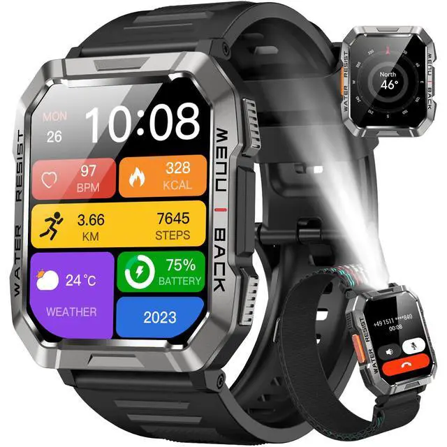 Main image of Military Smart Watch for Men(Answer/Make Call), Outdoor Sports Smartwatch with Flashlight/100 Days Battery/Compass/Heart Rate/SpO2/Sleep Monitor/2 Straps, Fitness Tracker for iPhone/Android Phones