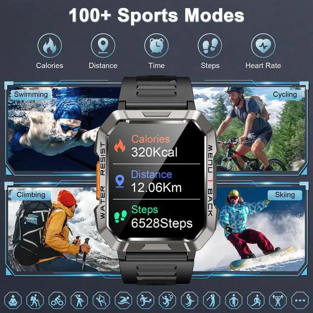 Alt view image 4 of 7 - Military Smart Watch for Men(Answer/Make Call), Outdoor Sports Smartwatch with Flashlight/100 Days Battery/Compass/Heart Rate/SpO2/Sleep Monitor/2 Straps, Fitness Tracker for iPhone/Android Phones