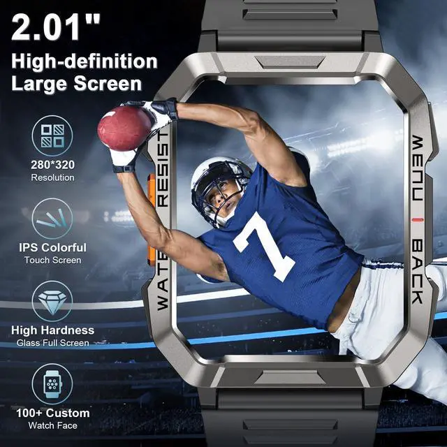 Alt view image 6 of 7 - Military Smart Watch for Men(Answer/Make Call), Outdoor Sports Smartwatch with Flashlight/100 Days Battery/Compass/Heart Rate/SpO2/Sleep Monitor/2 Straps, Fitness Tracker for iPhone/Android Phones