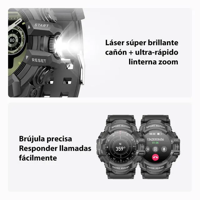 Alt view image 3 of 6 - JAYSUING Military Smart Watch with Flashlight (Answer/Make Call) Compass, Pedometer/Heart Rate/Sleep/100+ Sports Modes, Fitness Tracker IP68 Waterproof, Long Battery Life Android & iOS (Black)