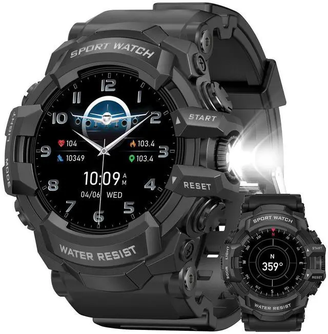 Main image of JAYSUING Military Smart Watch with Flashlight (Answer/Make Call) Compass, Pedometer/Heart Rate/Sleep/100+ Sports Modes, Fitness Tracker IP68 Waterproof, Long Battery Life Android & iOS (Black)