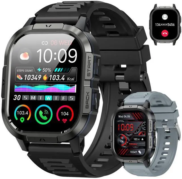 Main image of Smart Watch for Men Fitness Tracker: Make/Answer Call Military Smart Watches for Men Digital Watches Heart Rate Monitor Waterproof Running Smartwatch Android Phones iPhone Samsung Compatible 2 Bands