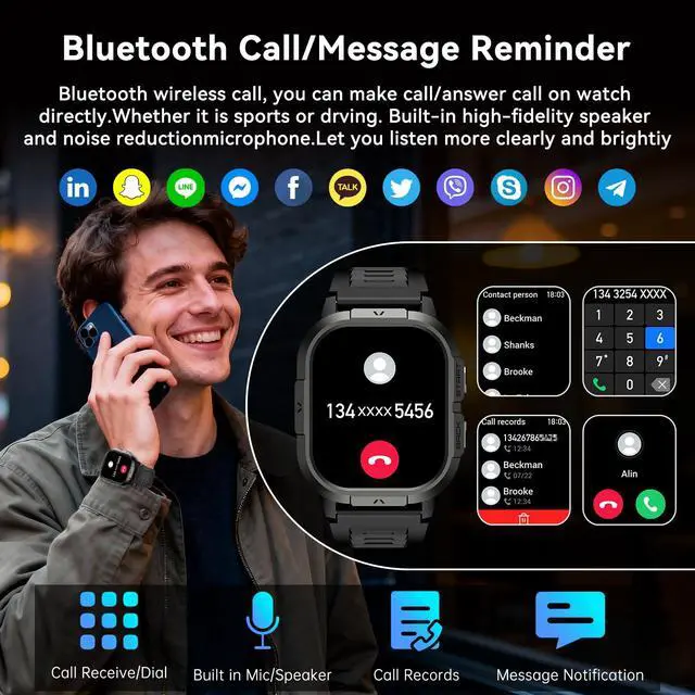 Alt view image 2 of 7 - Smart Watch for Men Fitness Tracker: Make/Answer Call Military Smart Watches for Men Digital Watches Heart Rate Monitor Waterproof Running Smartwatch Android Phones iPhone Samsung Compatible 2 Bands