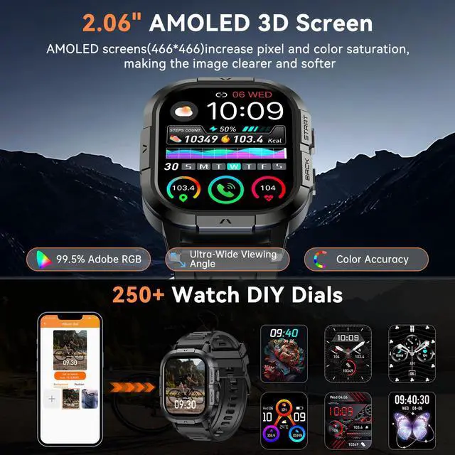 Alt view image 5 of 7 - Smart Watch for Men Fitness Tracker: Make/Answer Call Military Smart Watches for Men Digital Watches Heart Rate Monitor Waterproof Running Smartwatch Android Phones iPhone Samsung Compatible 2 Bands