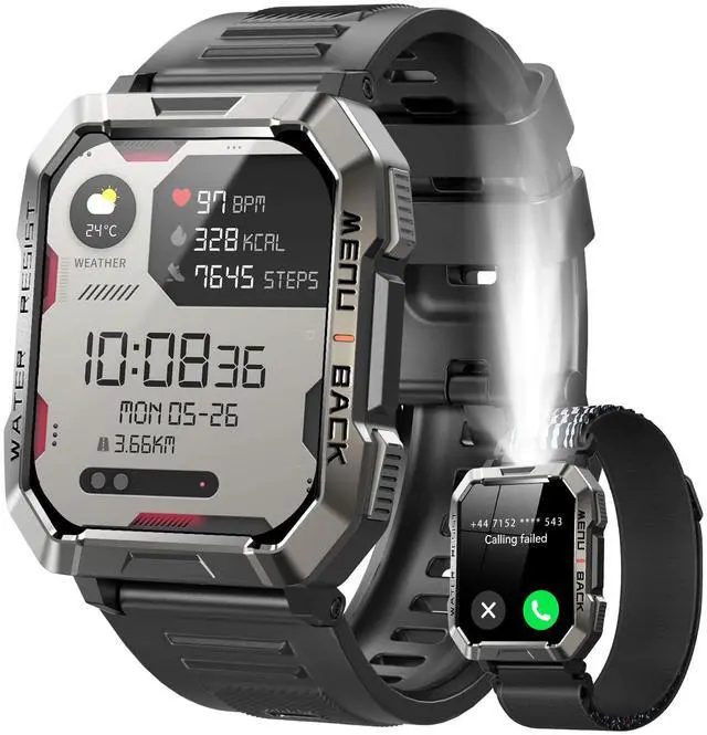 Main image of Military Smart Watch for Men (Answer/Make Calls), 2.01'' Smart Watch for Android and iPhone, Fitness Tracker with Flashlight/Compass/100 Days Battery/Heart Rate/Sleep/100+ Sport Modes(2 Straps)