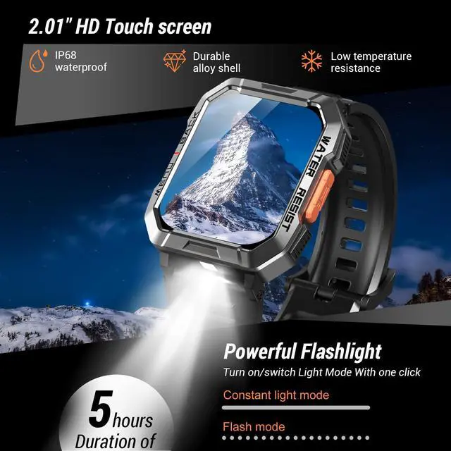 Alt view image 2 of 7 - Military Smart Watch for Men (Answer/Make Calls), 2.01'' Smart Watch for Android and iPhone, Fitness Tracker with Flashlight/Compass/100 Days Battery/Heart Rate/Sleep/100+ Sport Modes(2 Straps)