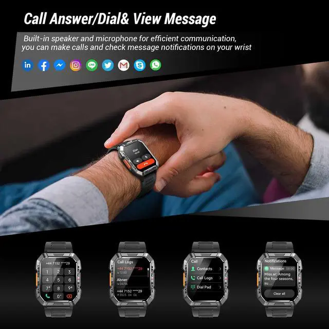 Alt view image 5 of 7 - Military Smart Watch for Men (Answer/Make Calls), 2.01'' Smart Watch for Android and iPhone, Fitness Tracker with Flashlight/Compass/100 Days Battery/Heart Rate/Sleep/100+ Sport Modes(2 Straps)